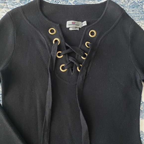 Vineyard Vines Wool Lace Up Long Sleeve Mini Black Sweater Dress - Picture 5 of 11